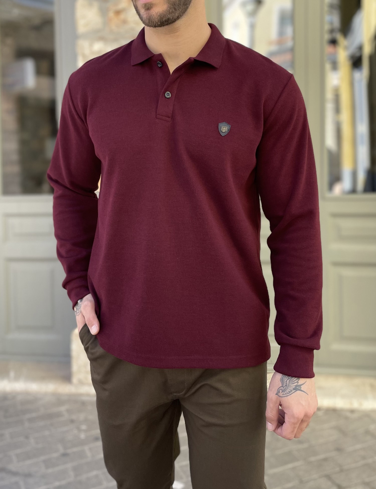 Everbest Everbest Ανδρική μπορντό Polo μακρυμάνικη μπλούζα Plus size 261032